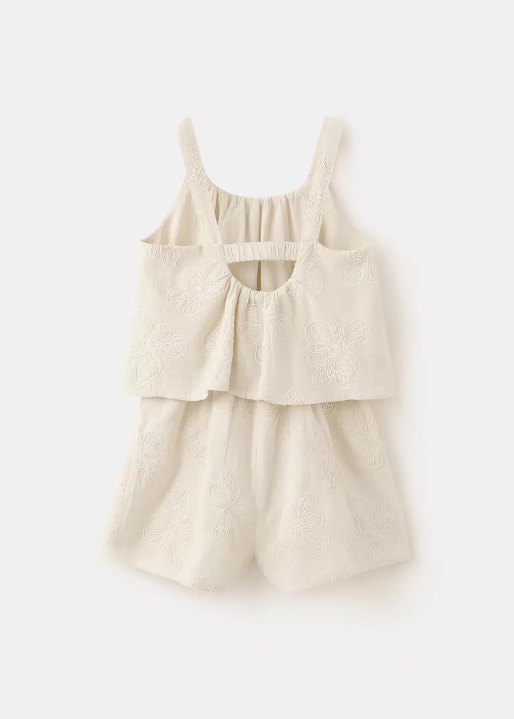 Beige Floral Embroidered Spaghetti Strap Jumpsuit, Kids Girls, Light Beige, large image number 1