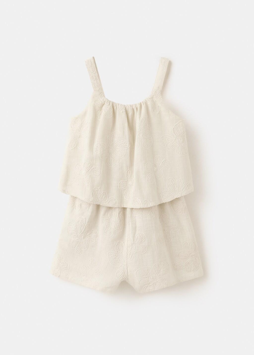 Beige Floral Embroidered Spaghetti Strap Jumpsuit, Kids Girls, Light Beige, large image number 4