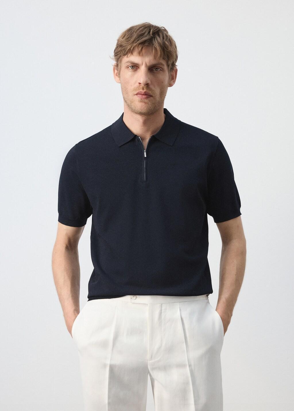 Navy Knitted Polo Shirt With Zip, Navy, large image number 3
