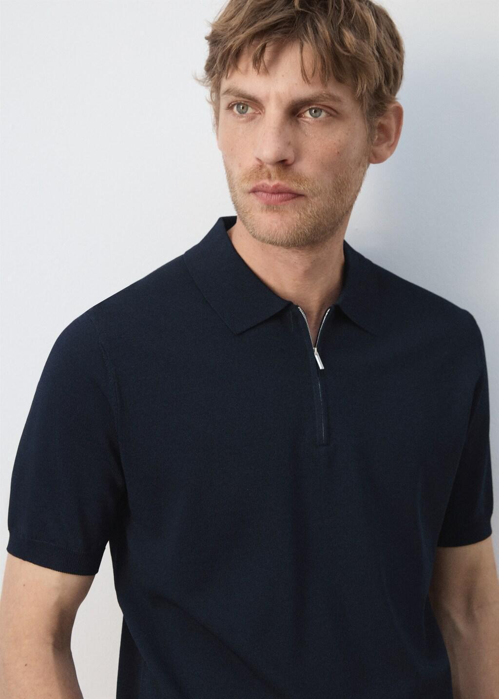 Navy Knitted Polo Shirt With Zip, Navy, large image number 4