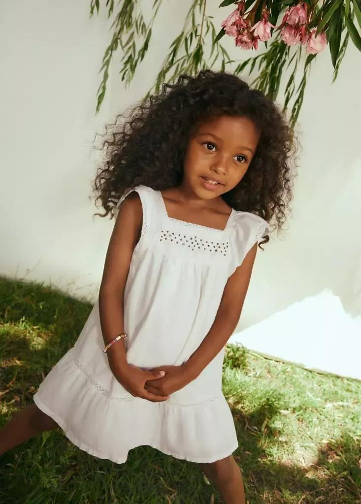 White Cotton Dress With Bead Embellishment, Baby Girls, Natural White, medium