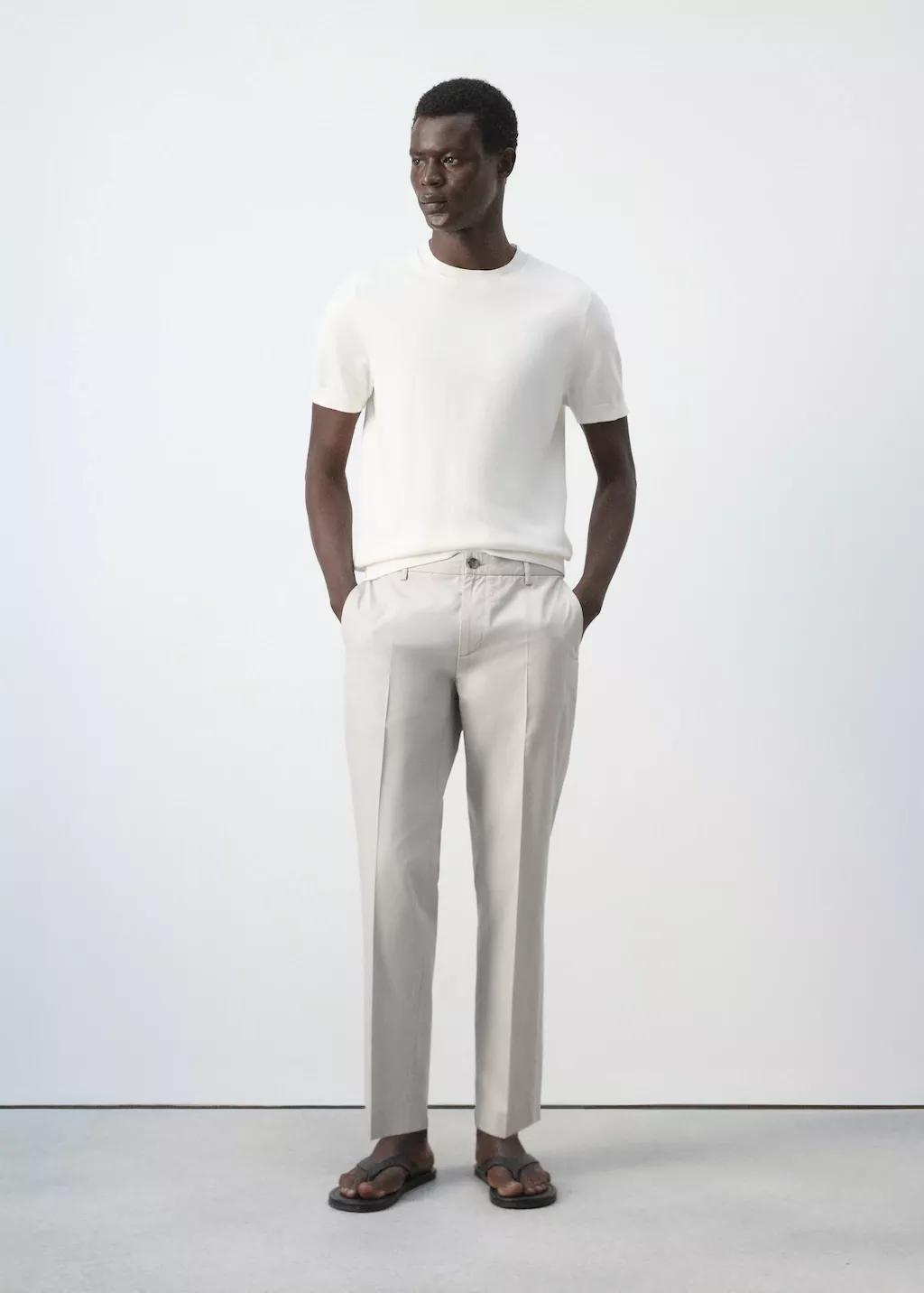 White Slim Fit Cropped Cotton Blend Trousers, Natural White, large image number 0