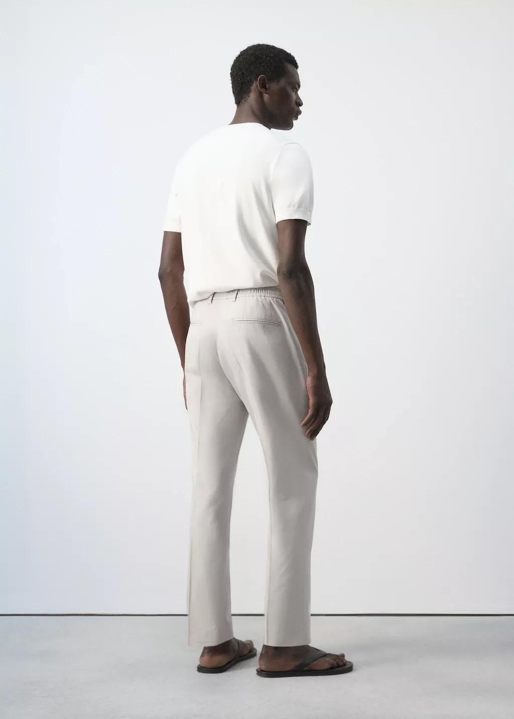 White Slim Fit Cropped Cotton Blend Trousers, Natural White, large image number 2