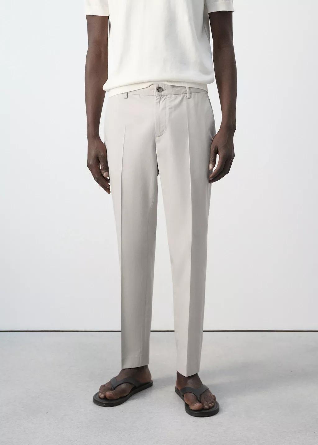 White Slim Fit Cropped Cotton Blend Trousers, Natural White, large image number 3