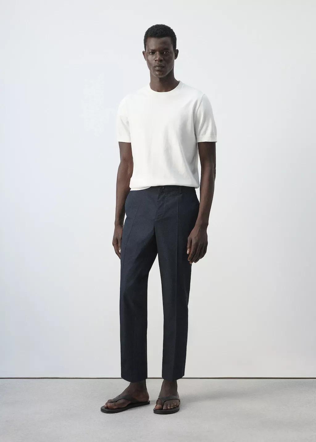 NAVY Slim fit cropped cotton blend trousers, Navy, medium