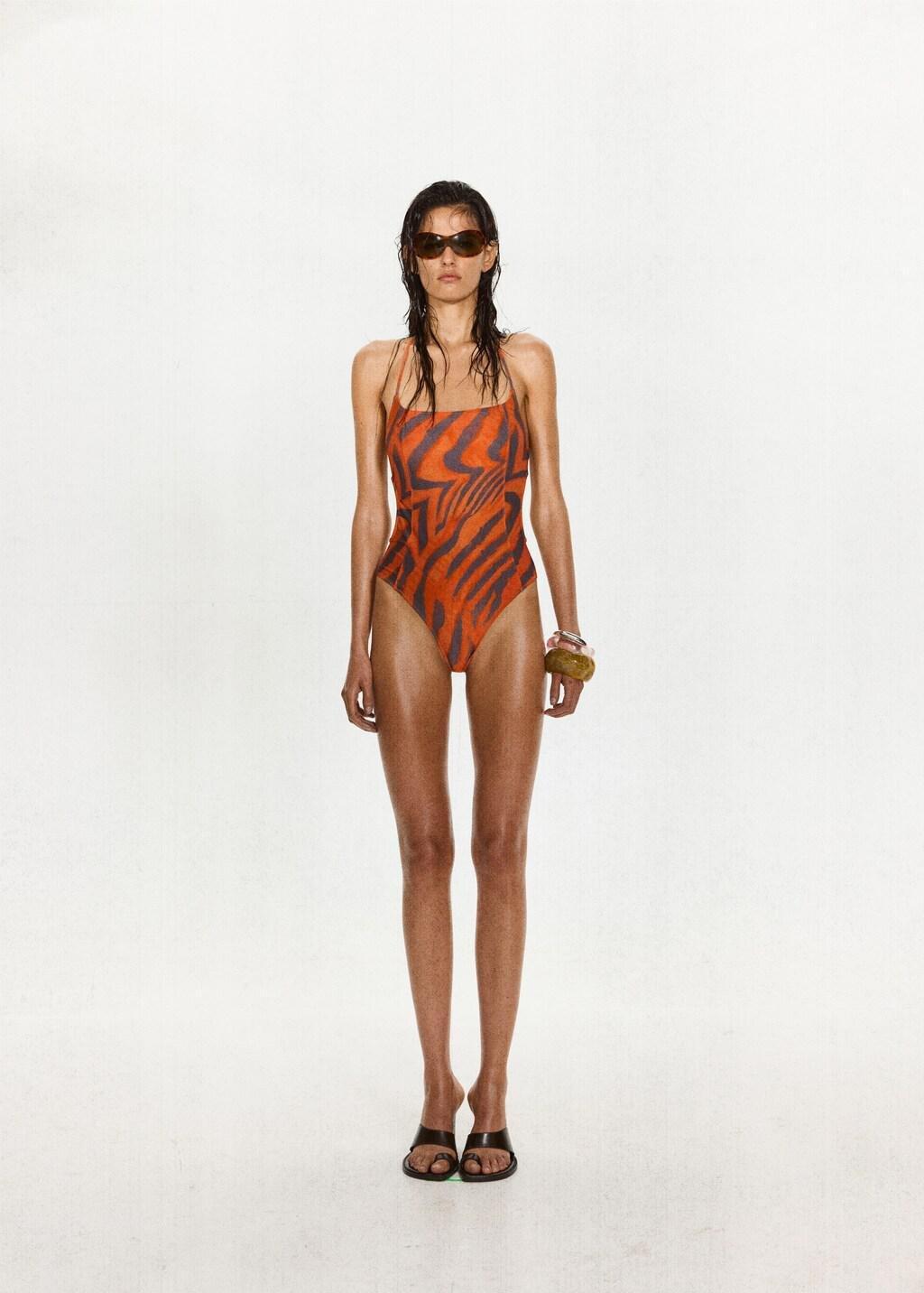 Orange Halter Neck Animal Print Swimsuit, Orange, large image number 0