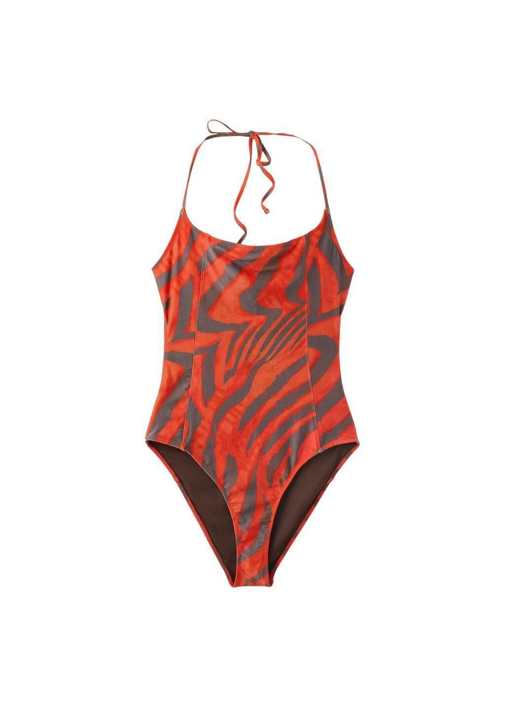 Orange Halter Neck Animal Print Swimsuit, Orange, large image number 5