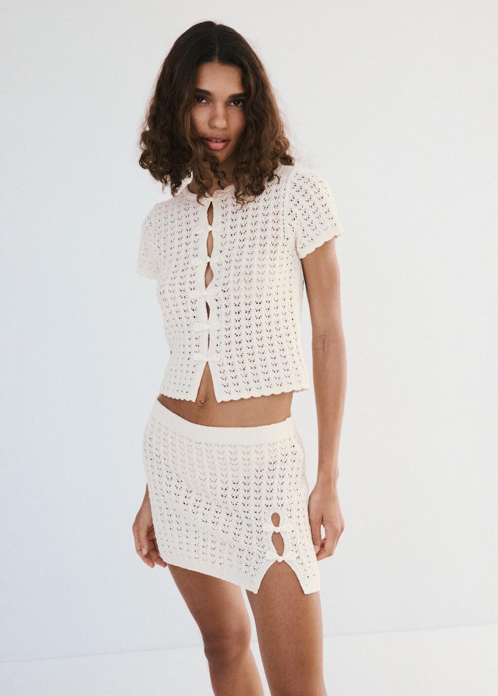 Beige Short Crochet Cotton Skirt, Light Beige, large image number 3