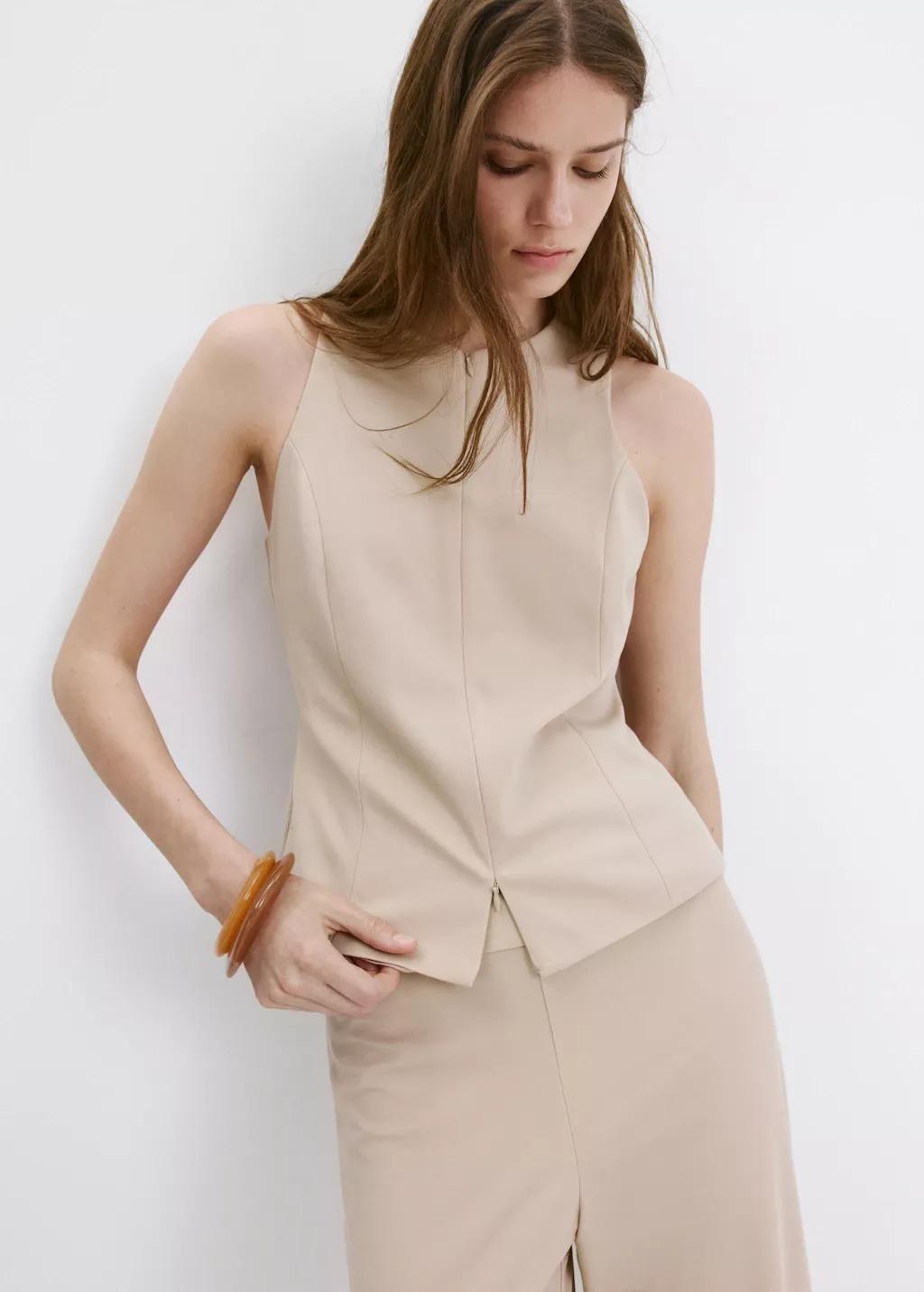 Brown Lt Pastel Zipper Fitted Waistcoat, Light Pastel Brown, large image number 3