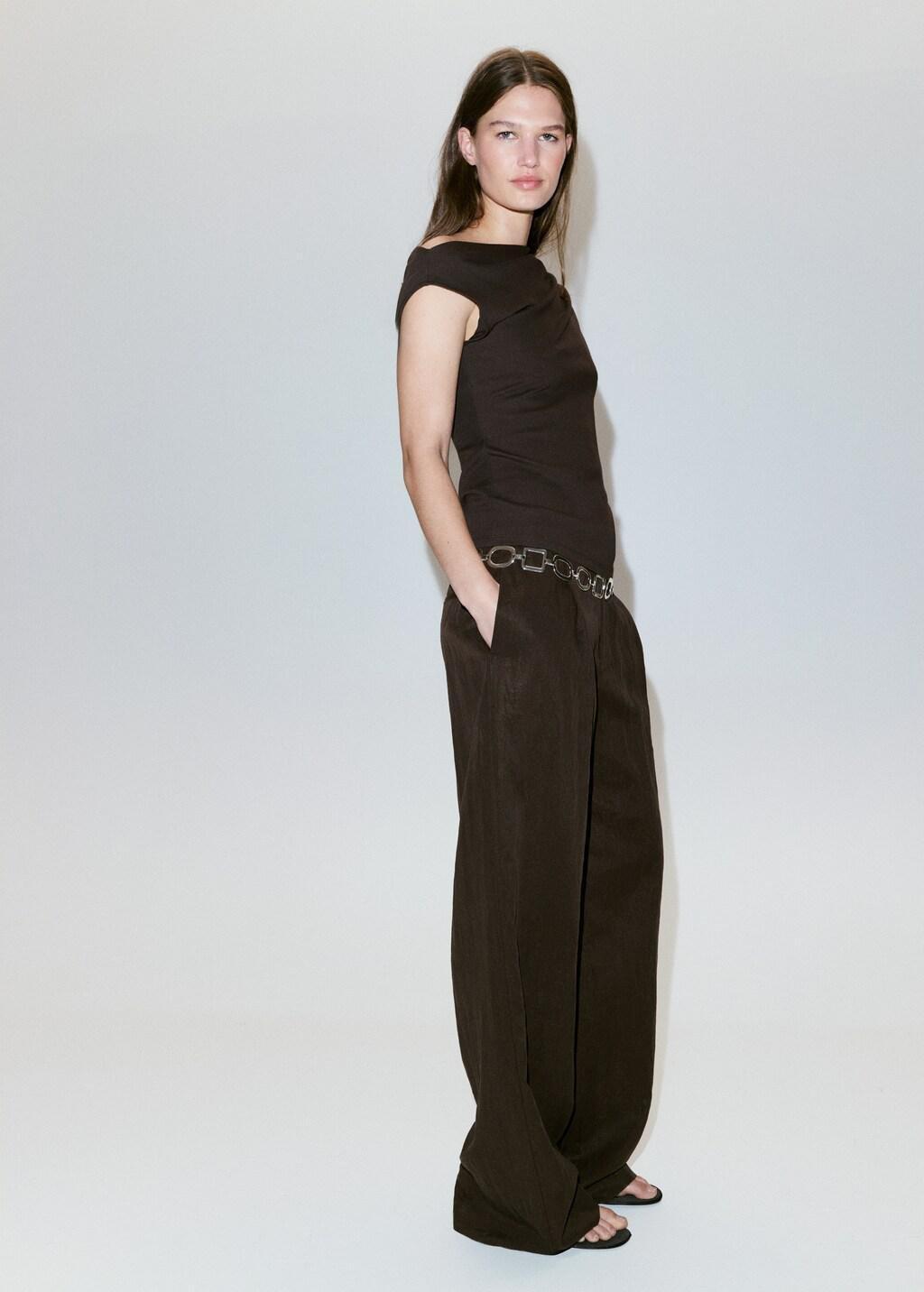 Brown Asymmetrical Ruched T-Shirt, Dark Brown, large image number 0