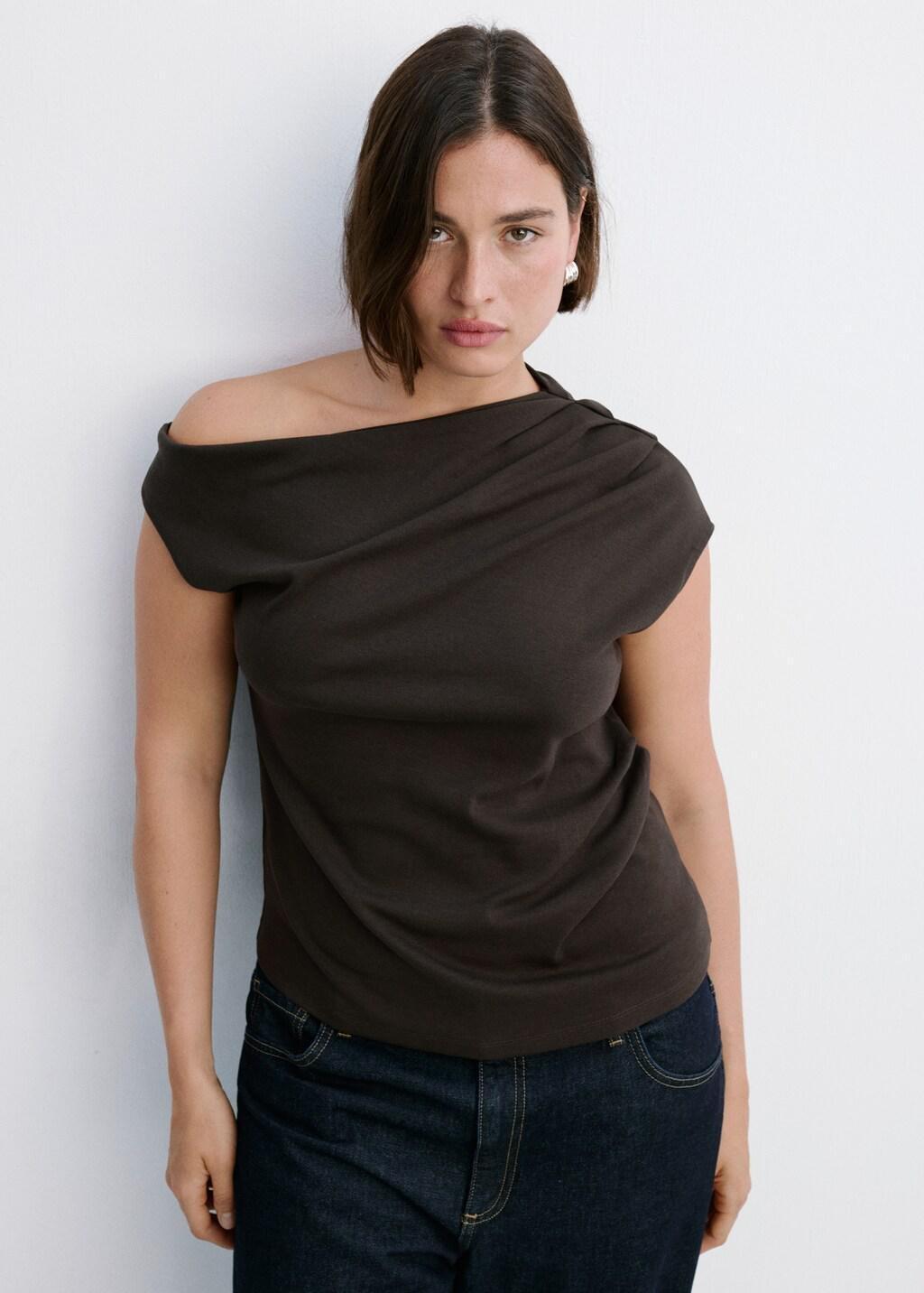 Brown Asymmetrical Ruched T-Shirt, Dark Brown, large image number 5