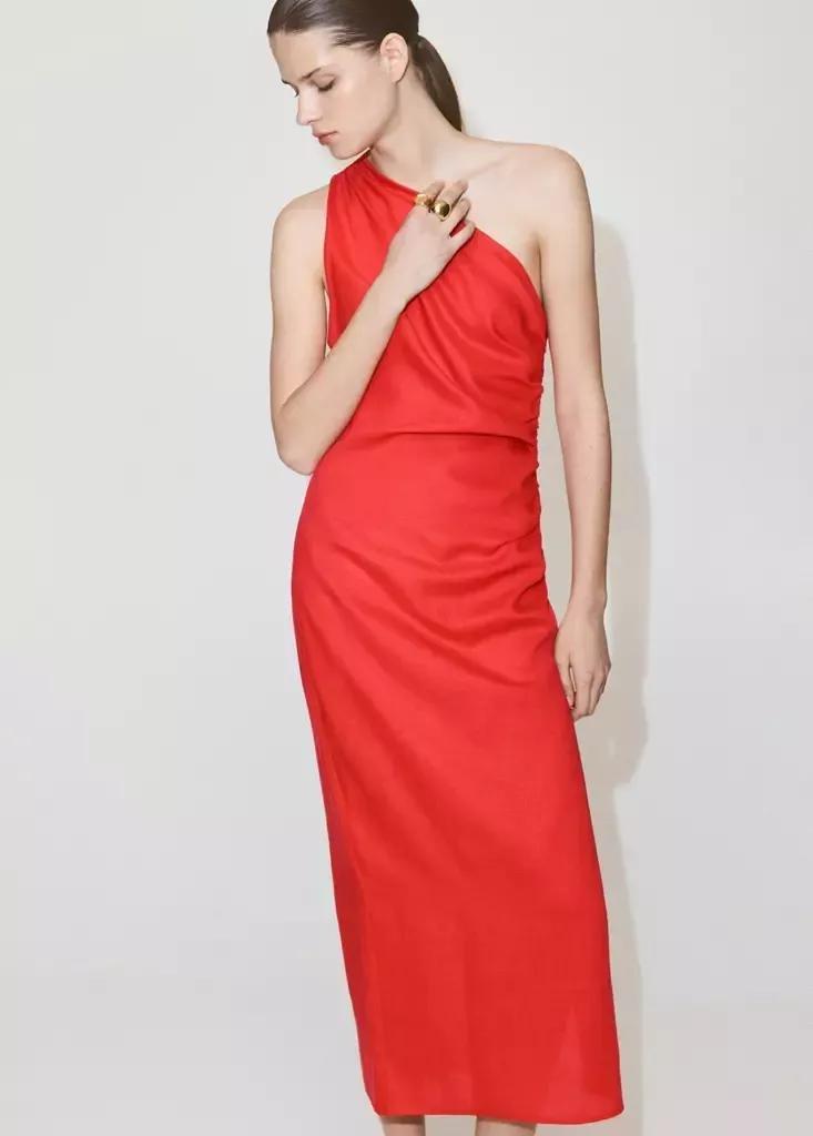 Orange Asymmetrical Pleated Dress, Orange, medium