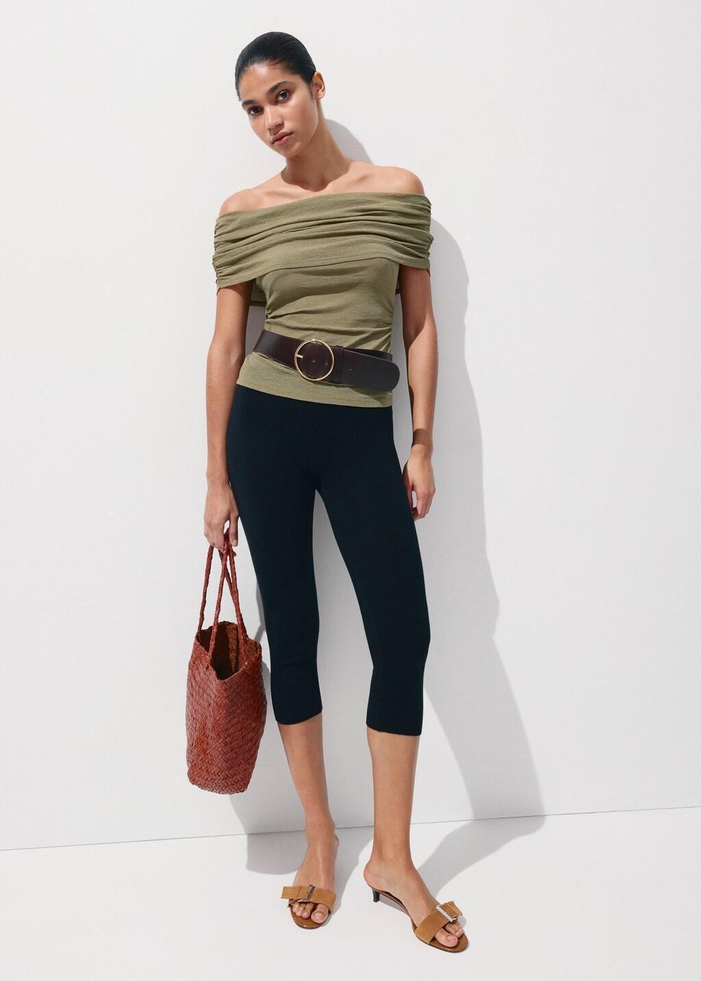 Khaki Gathered Boat Neck Top, Beige - Khaki, large image number 0