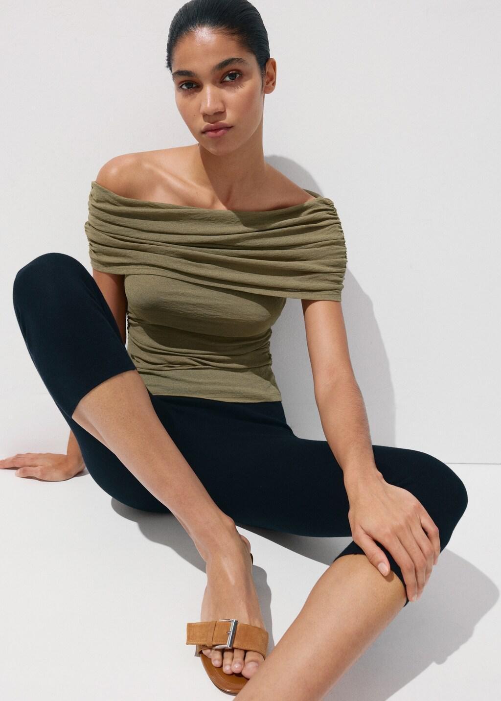Khaki Gathered Boat Neck Top, Beige - Khaki, large image number 3