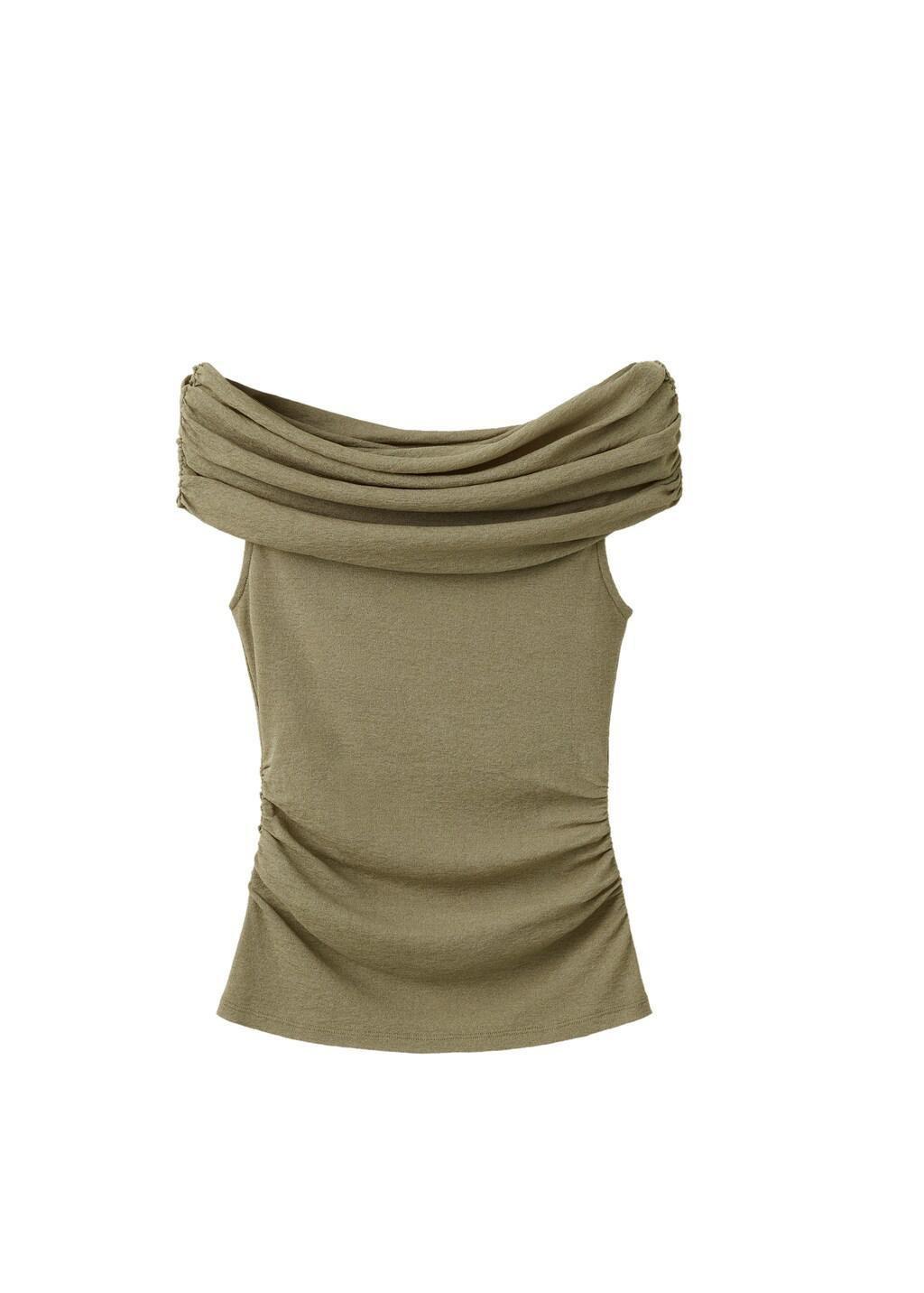 Khaki Gathered Boat Neck Top, Beige - Khaki, large image number 6