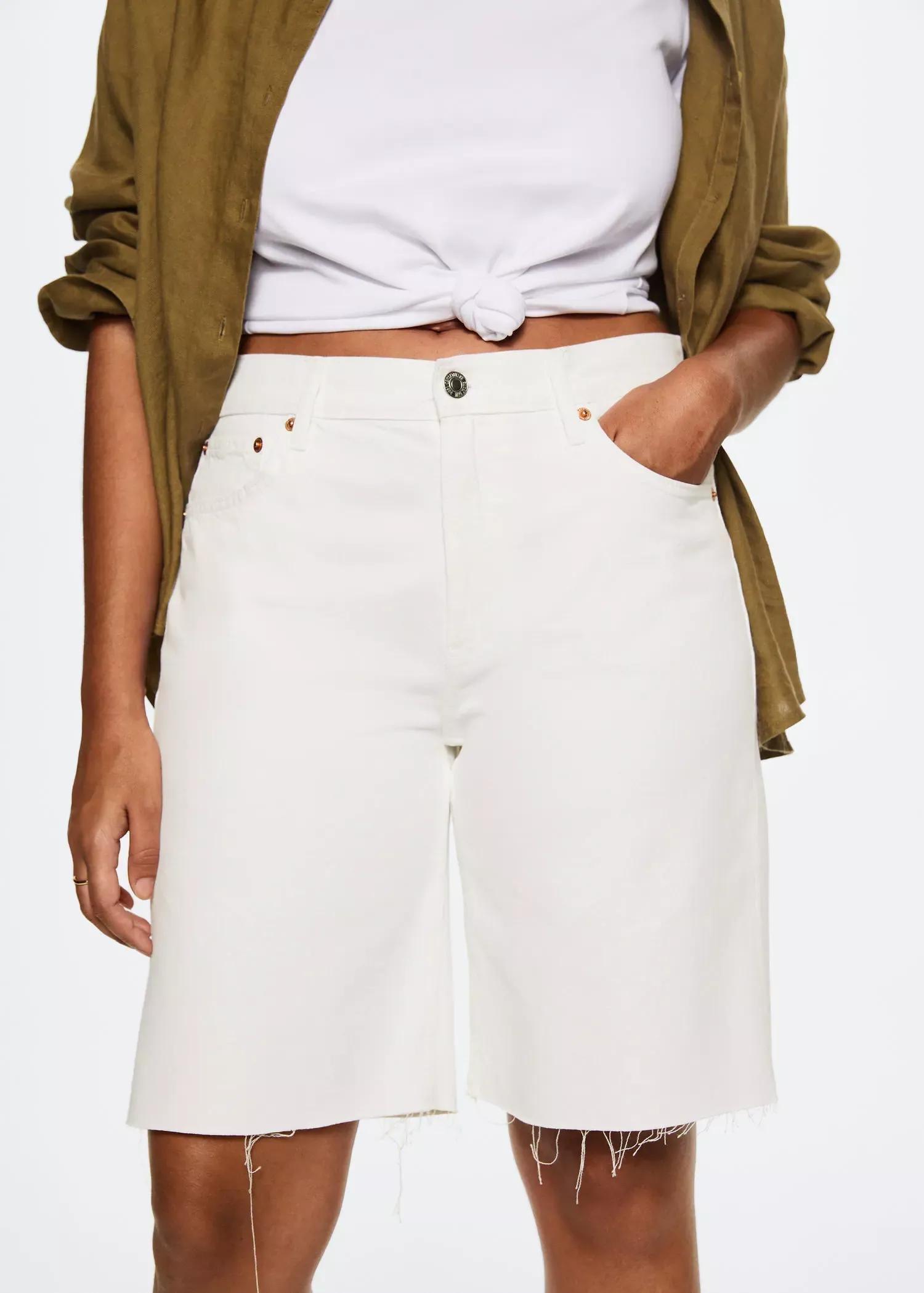 White Denim Bermuda Shorts With Frayed Hem, , large image number 0