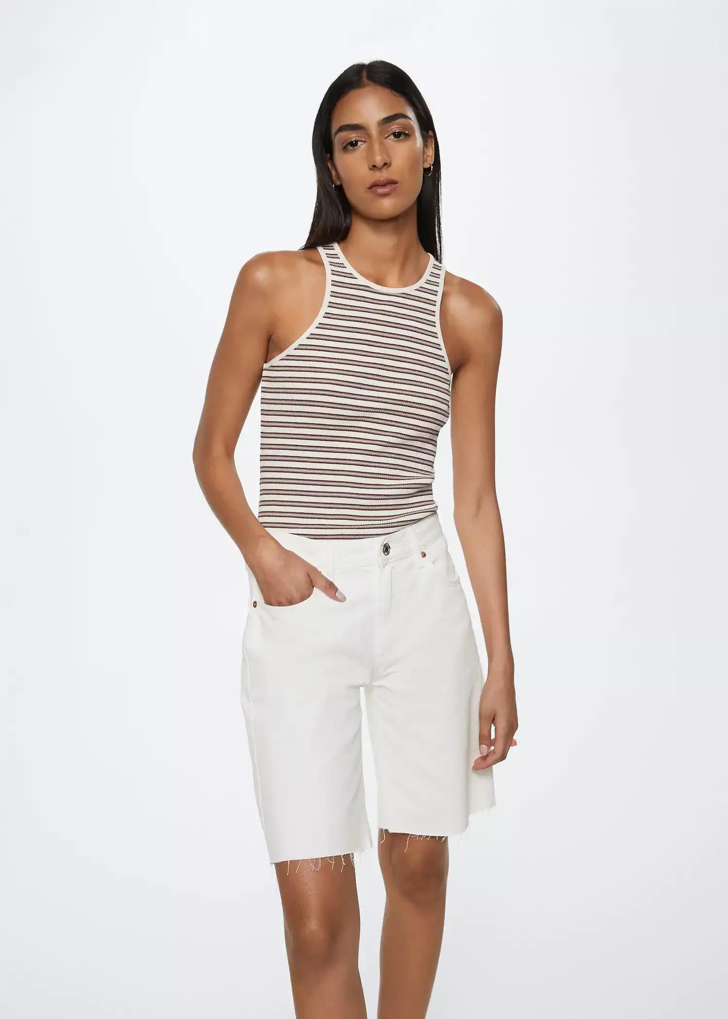 White Denim Bermuda Shorts With Frayed Hem, , large image number 1