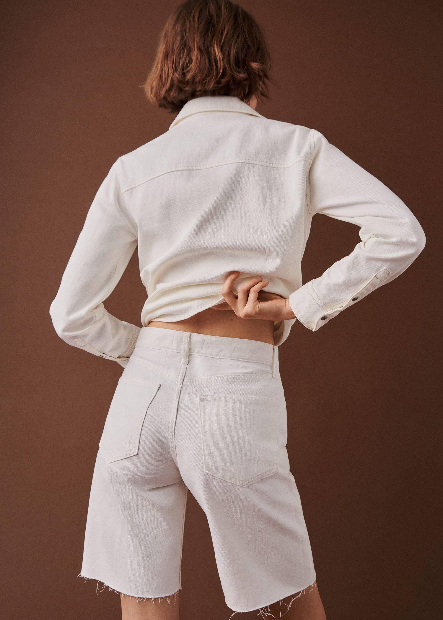 White Denim Bermuda Shorts With Frayed Hem, , large image number 8