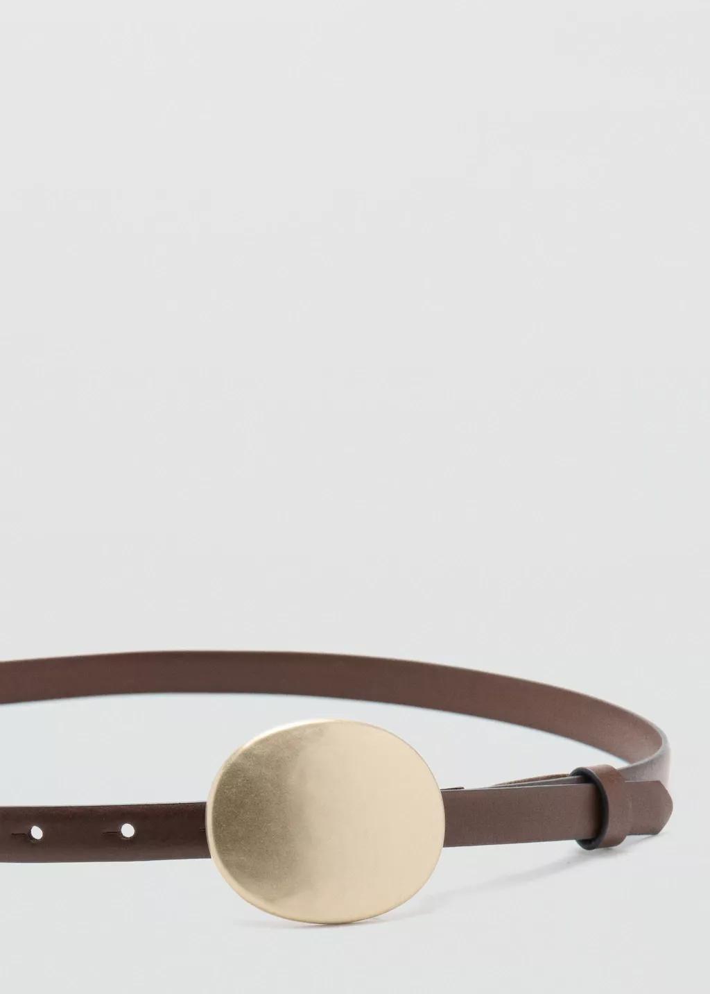Brown Rounded Buckle Leather Belt, Dark Brown, large image number 0