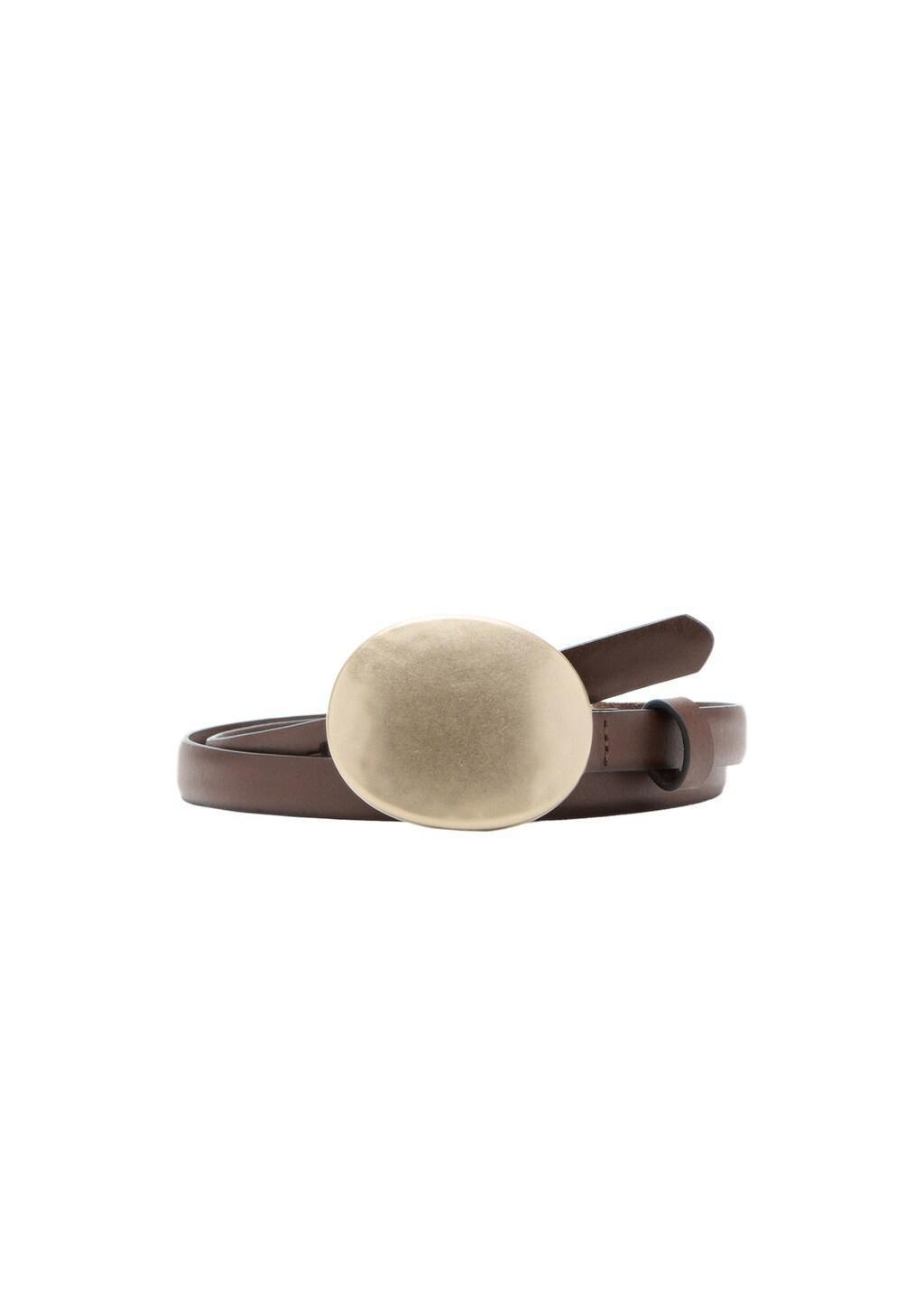 Brown Rounded Buckle Leather Belt, Dark Brown, medium