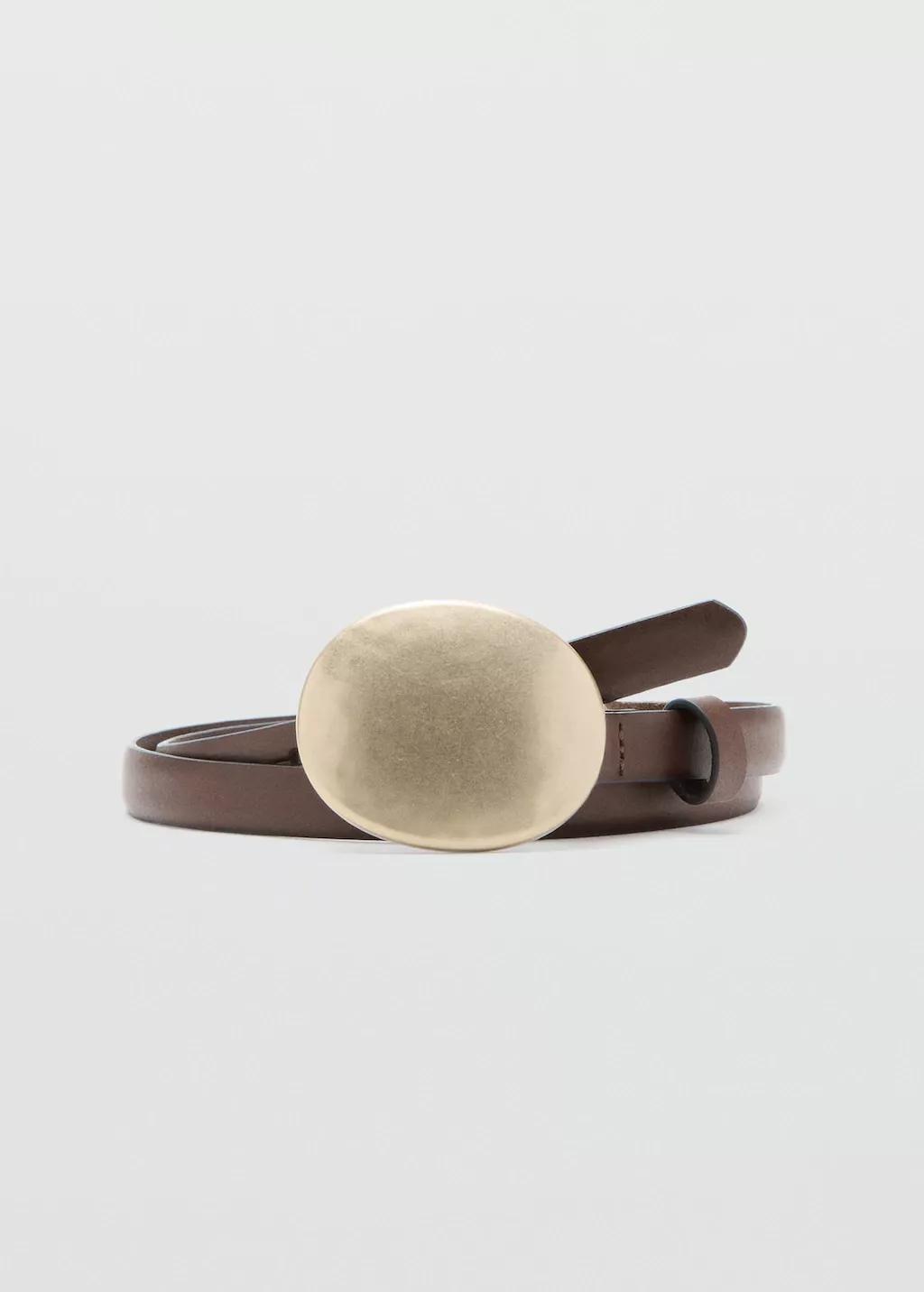 Brown Rounded Buckle Leather Belt, Dark Brown, large image number 3