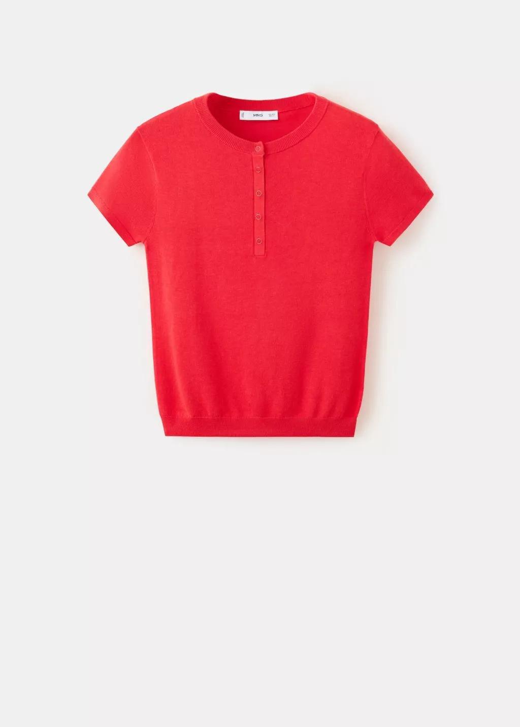 Red Short-Sleeved Fine-Knit Sweater, Red, medium