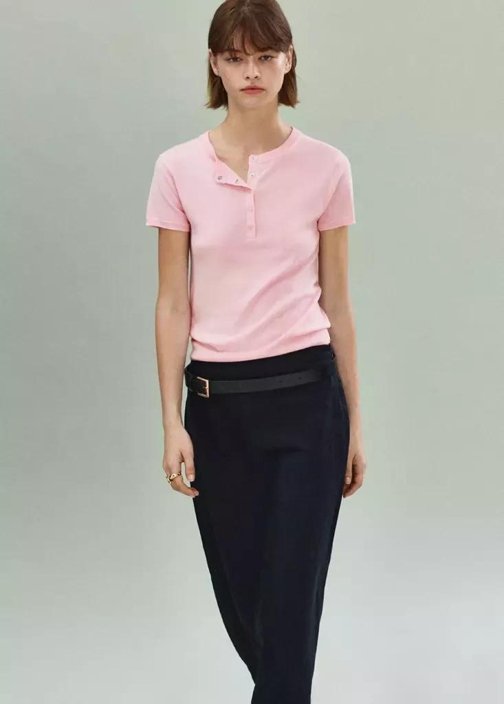 Pink Short-Sleeved Fine-Knit Sweater, Pink, large image number 0