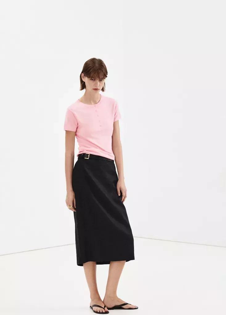 Pink Short-Sleeved Fine-Knit Sweater, Pink, large image number 1
