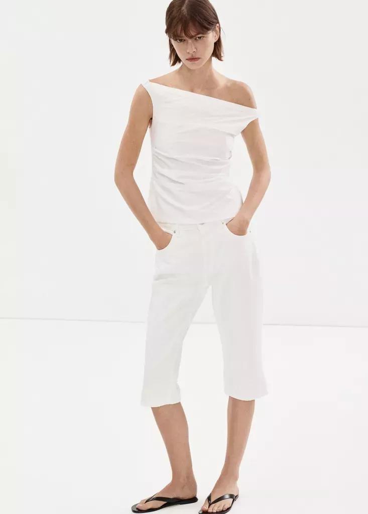 White Draped Cotton Top, Natural White, large image number 0