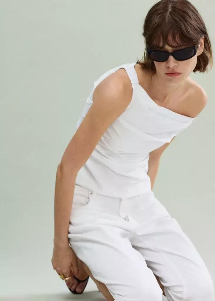 White Draped Cotton Top, Natural White, large image number 1