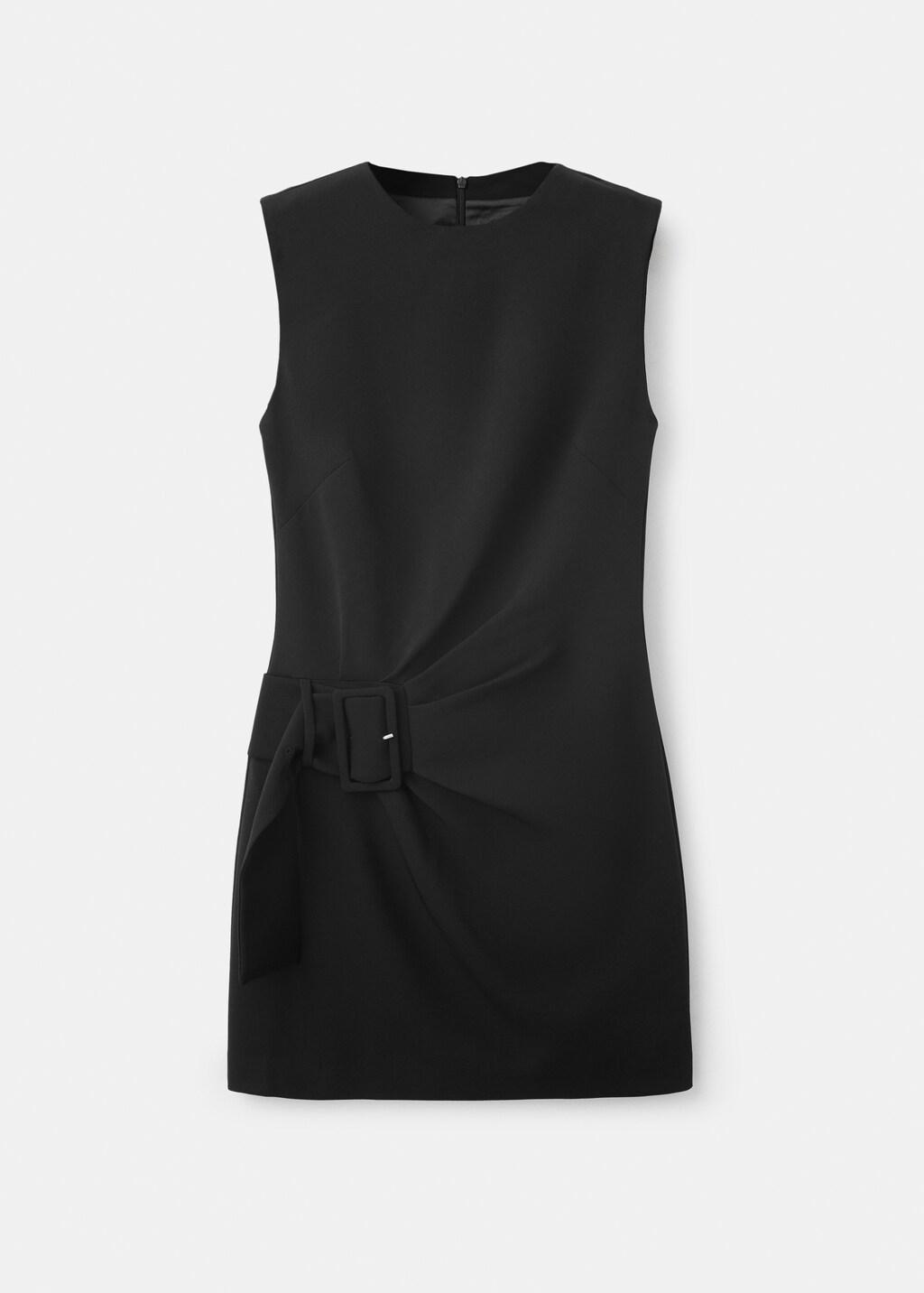 Black Ruched Dress With Belt, Black, medium