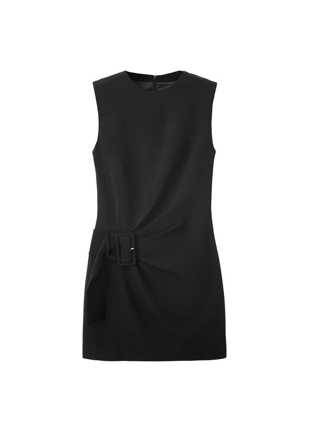 Black Ruched Dress With Belt, Black, large image number 3