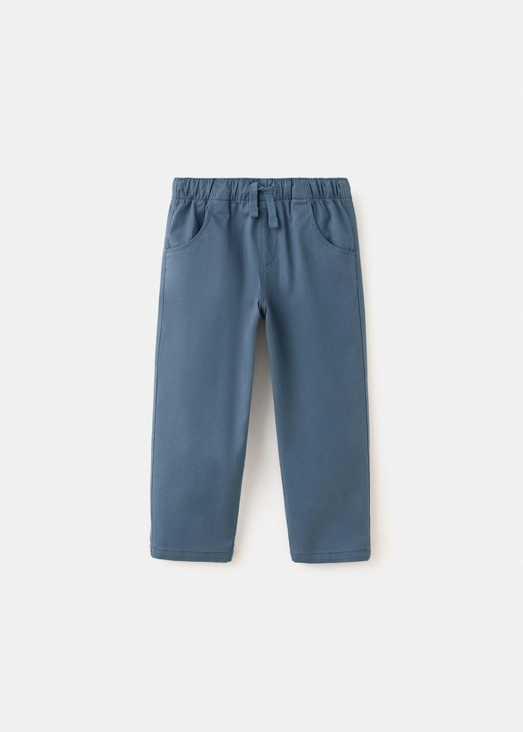 Blue Elastic Waist Cotton Trousers, Baby Boy, Medium Blue, large image number 4
