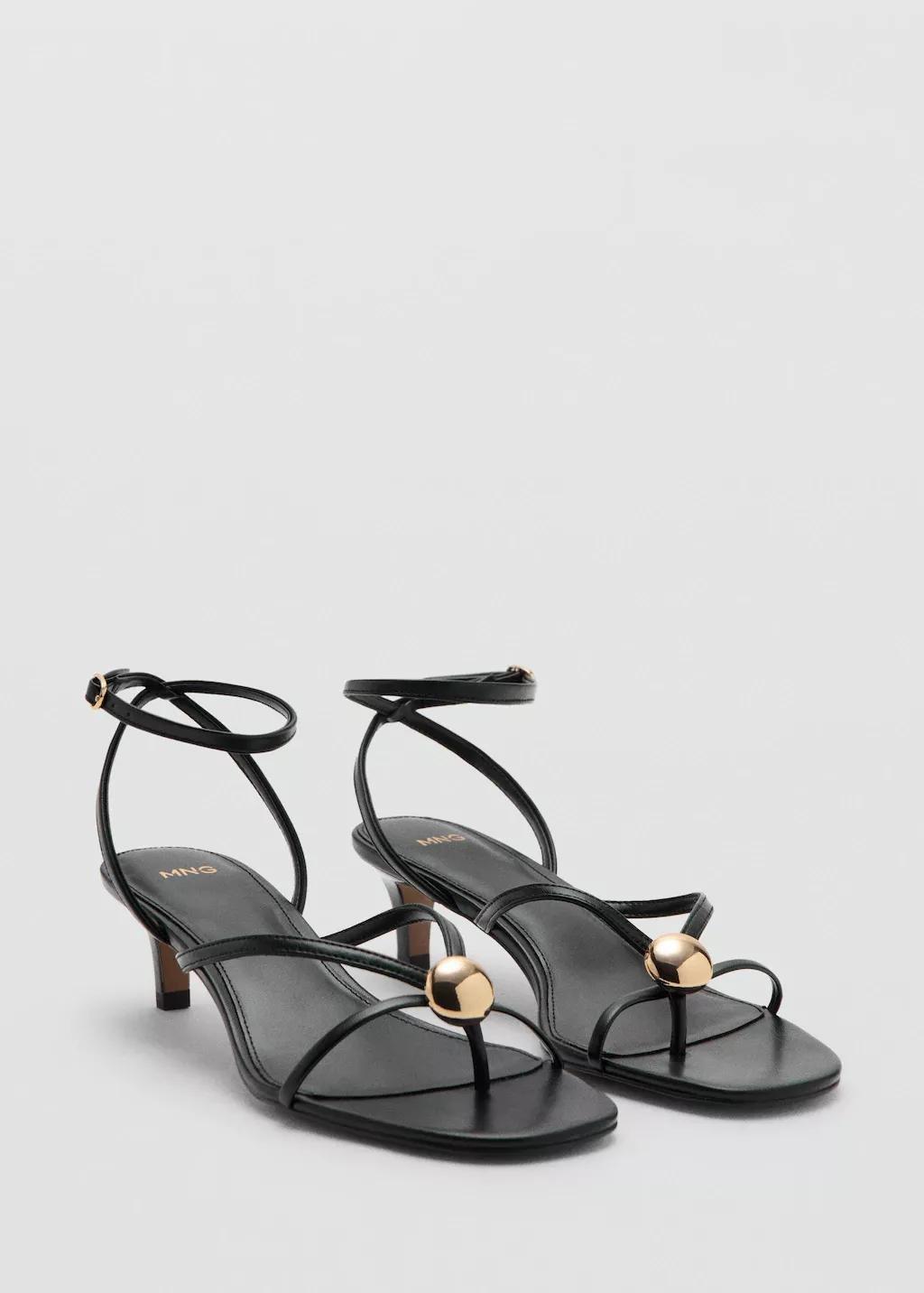 Black Heeled Sandal With Metallic Bead Straps, Black, large image number 0
