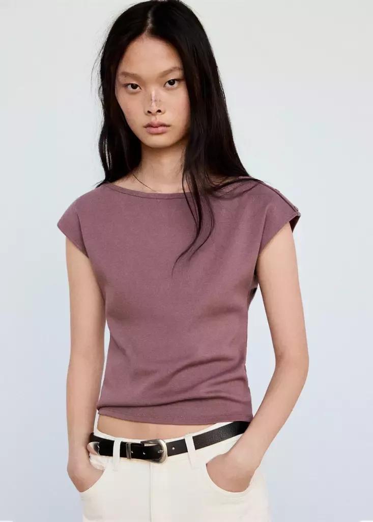 Purple Boat Neck Top With Decorative Buttons, , large image number 1