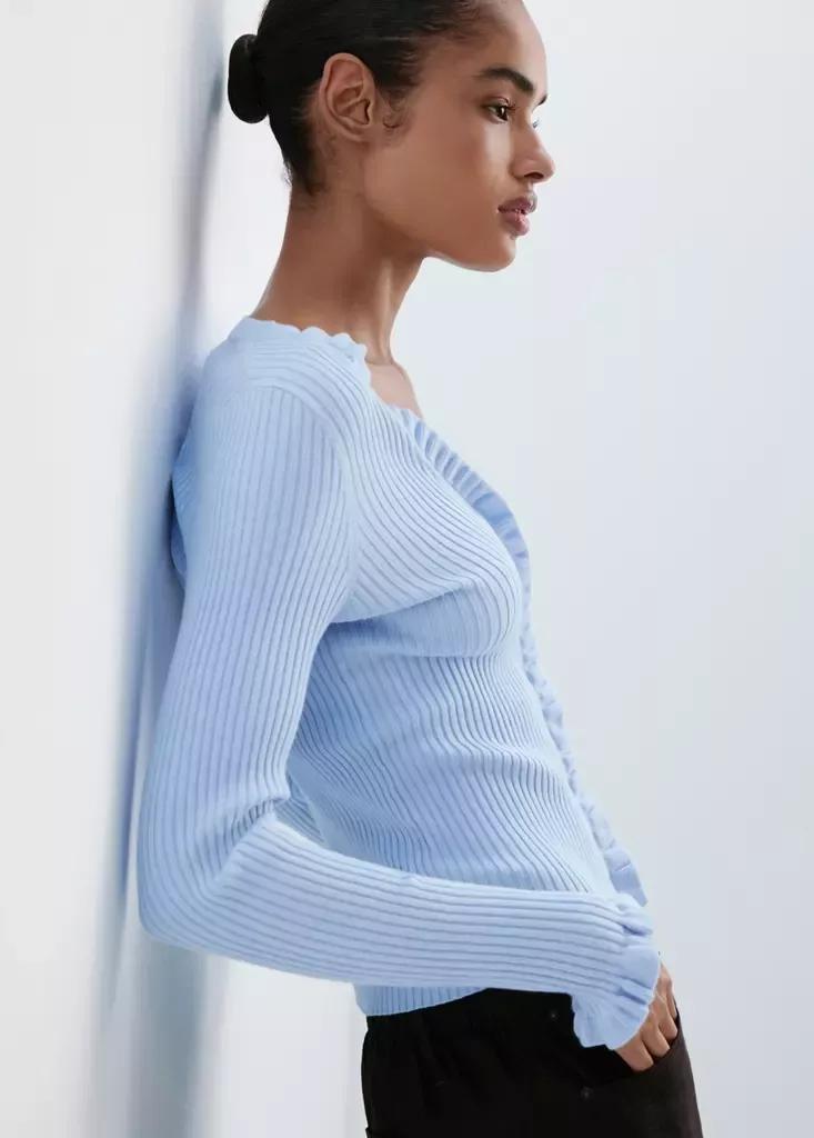 Blue Ribbed Ruffle Cardigan, Light-Pastel Blue, medium