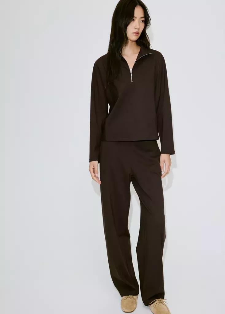 Brown Fine-Knit Straight-Fit Trousers, Brown, large image number 1