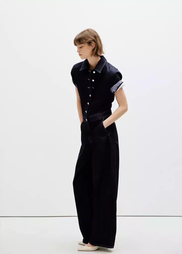 Blue Short-Sleeved Denim Jumpsuit, Open Blue, medium