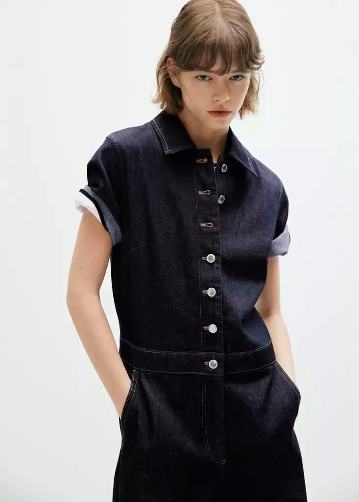 Blue Short-Sleeved Denim Jumpsuit, Open Blue, medium