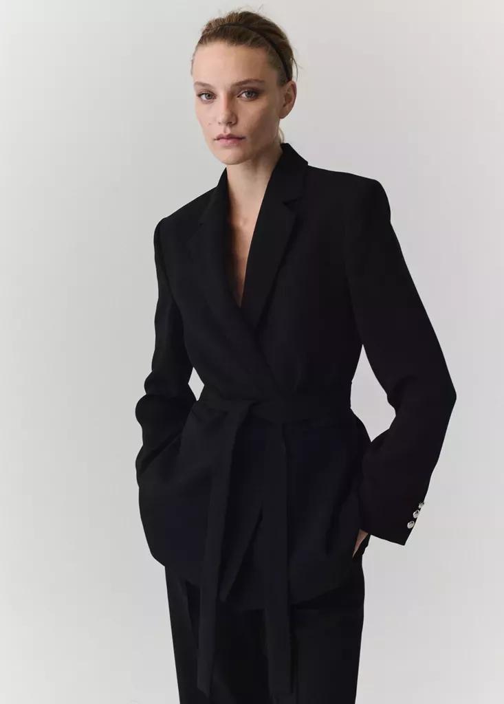 Black Double-Breasted Belted Suit Blazer, Black, large image number 0