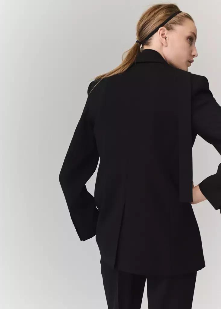 Black Double-Breasted Belted Suit Blazer, Black, medium