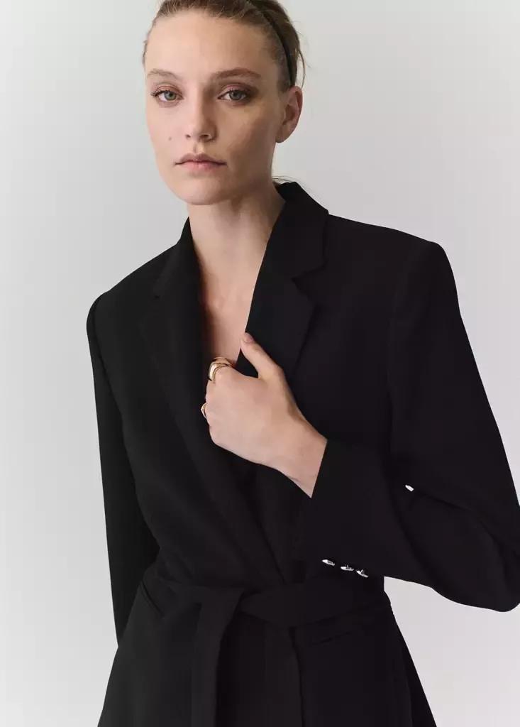 Black Double-Breasted Belted Suit Blazer, Black, medium