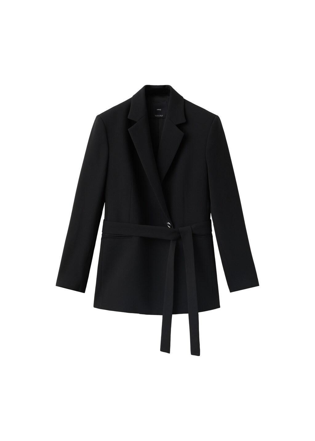 Black Double-Breasted Belted Suit Blazer, Black, large image number 4
