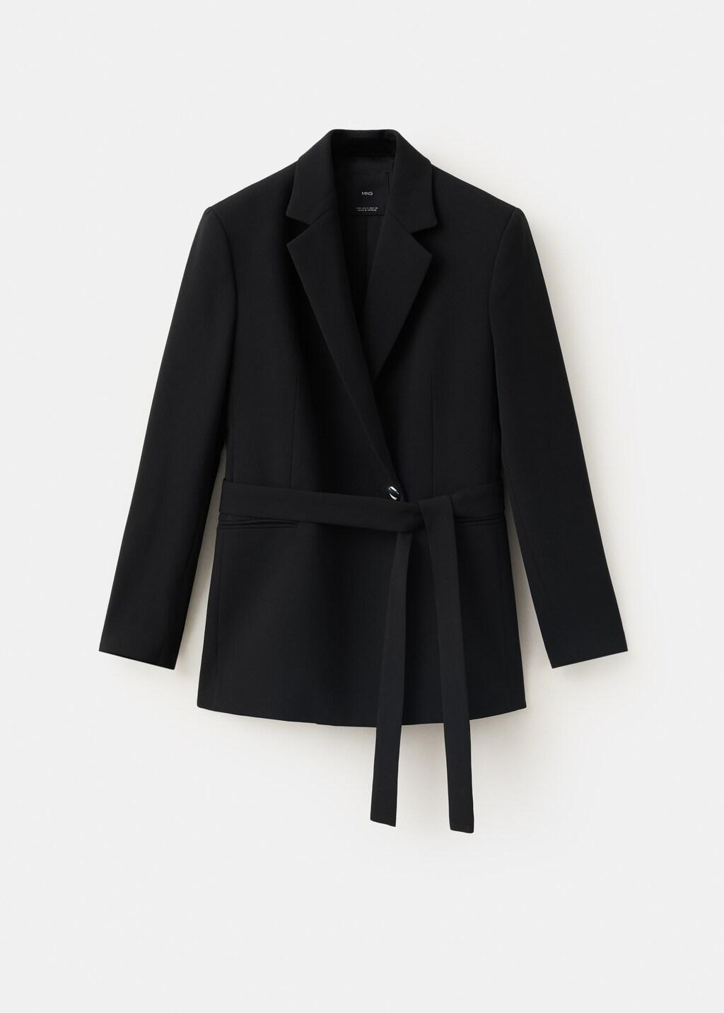 Black Double-Breasted Belted Suit Blazer, Black, large image number 5