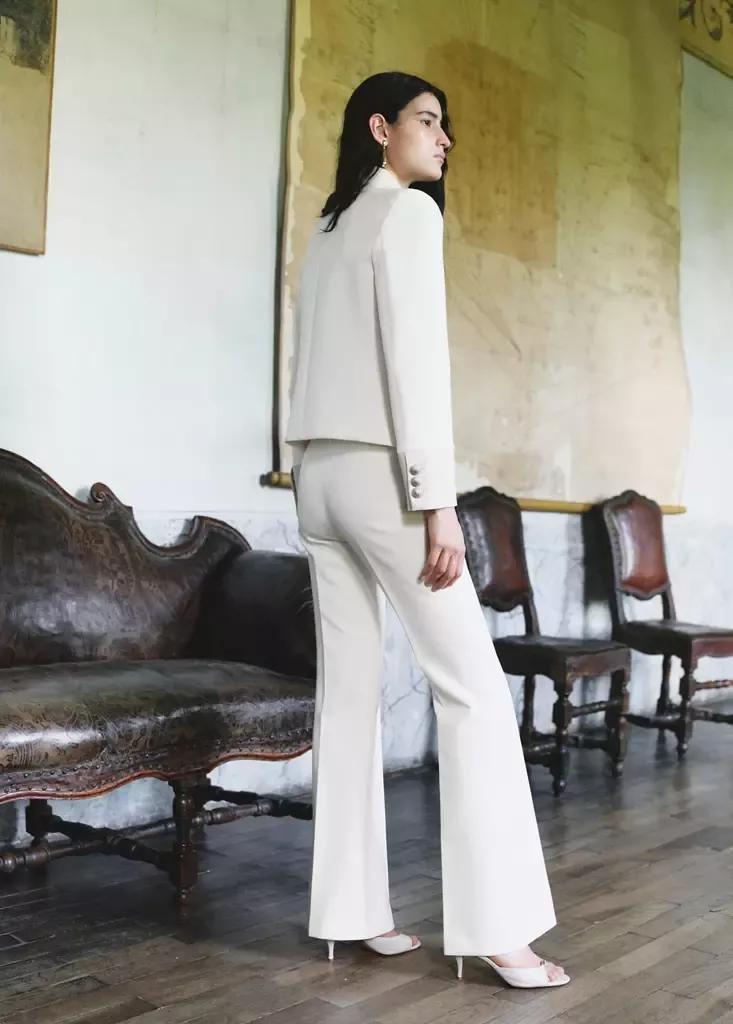 Cream Flared Trousers With Seams, Natural White, medium