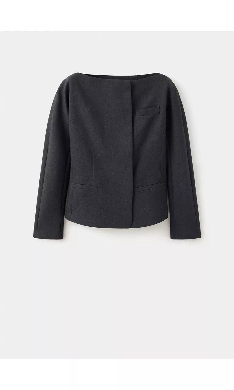 Grey Fitted Boat Neck Jacket, Grey, medium