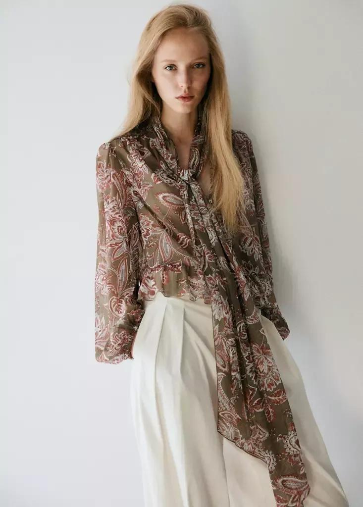 Green Floral Tie Blouse, , medium