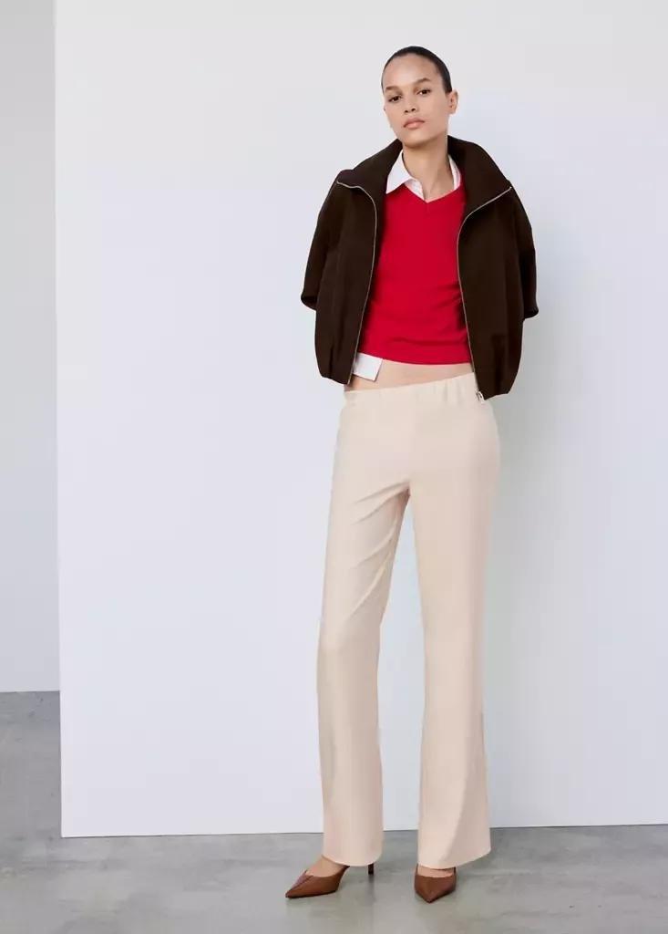 Cream Satin Straight-Fit Trousers, , medium