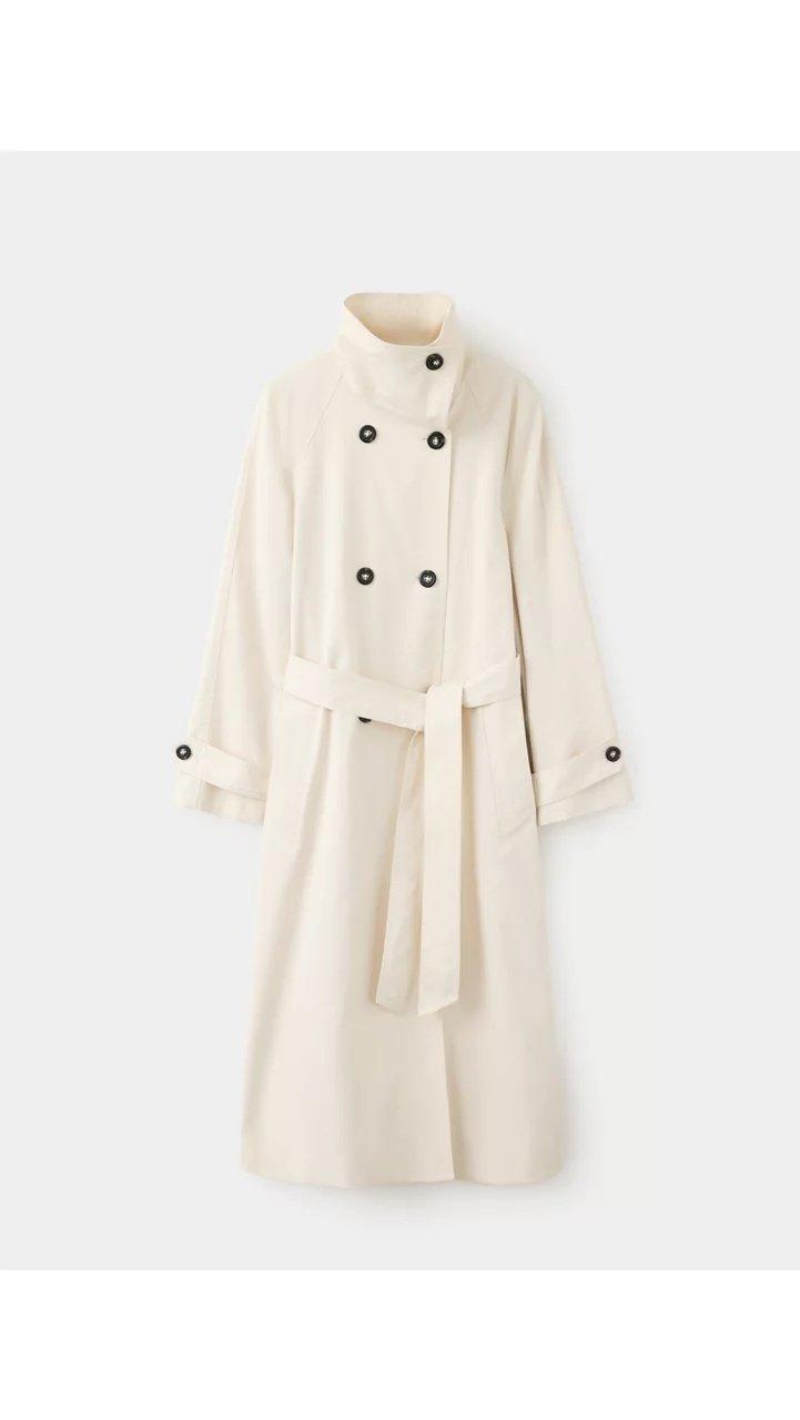White Long Funnel Neck Belted Trench Coat, Natural White, large image number 0