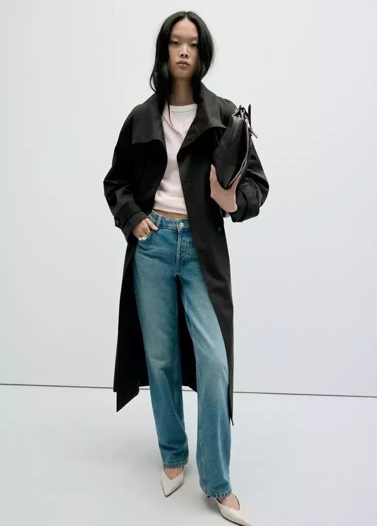 Brown Long Funnel Neck Belted Trench Coat, , large image number 0